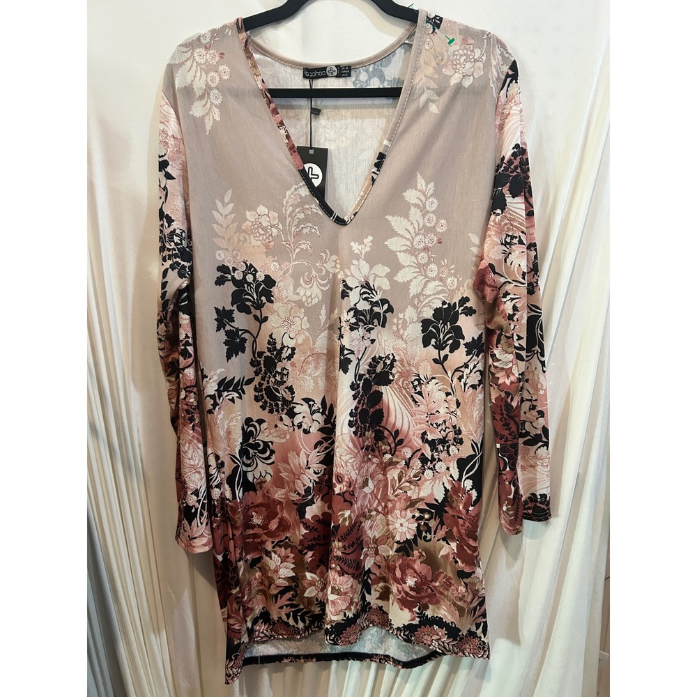 Boohoo Plus Size‎ Floral Print V Neck Long Sleeve Dress Beige Black 12